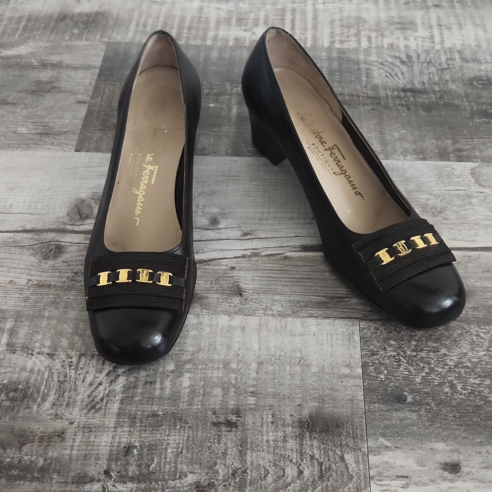 Salvatore Ferragamo Black Leather Block Heel Pumps with Gold Hardware